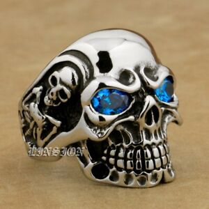 316L Stainless Steel Blue CZ Eyes Titan Skull Mens Boys Biker Rock Ring 3A201A