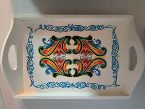 Vintage Rosemaling Norwegian Folk Art Hand Painted Wooden Tray 12x19 Inner 11x15 - Picture 1 of 18
