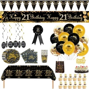 21st Birthday Party decorations Black gold banner backdrop balloon tableware set - Picture 1 of 32