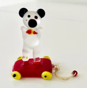 Tiny Miniature Glass Figurine Bear On Red Wagon Small Vintage Art Tiny 1.5” - Picture 1 of 7