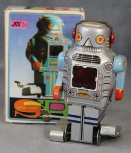 Vintage SR Spark Robot Tin Clockwork Walking Space Robot Toy Boxed Working Silve - Picture 1 of 5