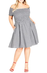 CITY CHIC Gingham DRESS Size XL Aus 22 BNWOT Black White Off-Shoulder Retro 50s - Picture 1 of 8