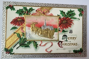 DE COLECCIÓN 1910 NAVIDAD PC Oro y Plata SANTA TRINEO ESTACIONADO en Iglesia EXCELENTE - Imagen 1 de 2