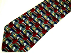 J. Garcia Mens Necktie Tie Red Blue Abstract Houses People Silk 57" - Picture 1 of 4