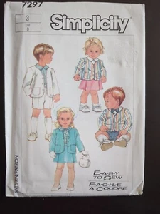 Simplicity 7297 Toddlers Unisex Dress Outfit Top Bottom Jacket Sz 3 Vtg 85 UNCUT - Picture 1 of 4