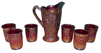 Imperial Glass Red Carnival Glass Sunset Field Flower Pitcher & 6 Tumblers, Set - Image 1 of 4