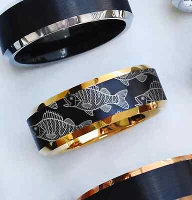 Engraved Black Tungsten Bass Fishing Fisherman Pattern Wedding Band Ring - 8mm - Image 1 of 2