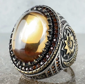 Honey Ring,Honey Zircon Moon And Star Engraved Silver Ring - Picture 1 of 6