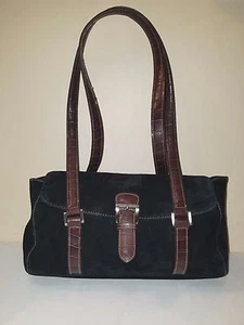 Tignanello Black Suede Shoulder Bag w/Faux Croc Trim and Contrast Stitching - Picture 1 of 6