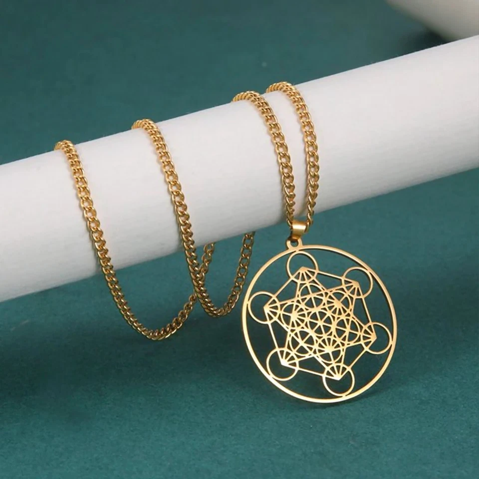 Gold Metatrons Cube Necklace Stainless Steel Sacred Geometry Pendant with Chain - Image 1 of 1