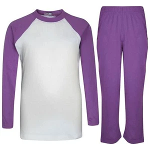 Kids Girls Boys Pyjamas Designer Plain Lilac Contrast Sleeves Nightwear PJS 2-13 - Picture 1 of 4