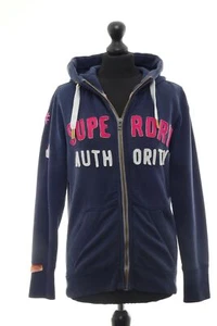 Superdry Damen Sweatjacke M blau dunkelblau Applikation Zip Kapuze + Baumwolle - Bild 1 von 5