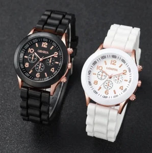Armbanduhr Damen 2er Set, Damenarmbanduhren schwarz + weiß mit Silikonarmband - Bild 1 von 4