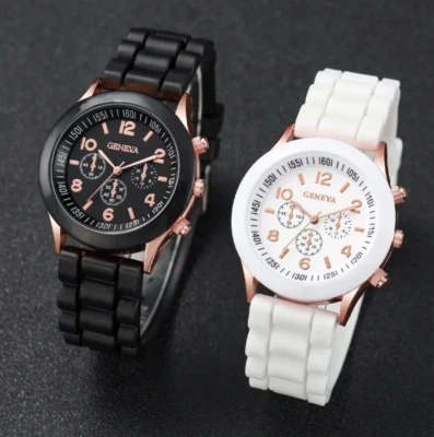 Armbanduhr Damen 2er Set, Damenarmbanduhren  schwarz + weiß mit Silikonarmband - Bild 1 von 4