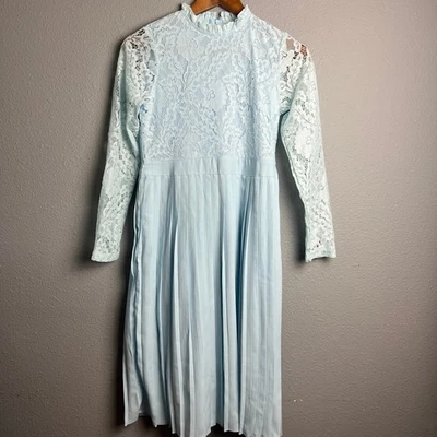 Peyton Bre Youth Lace Long Sleeve Pleated Midi Dress Mock Neck Blue Size 14 - Image 1 of 4