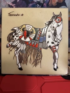 Vintage Cleo Teissedre Indianer Pferd Kriegsmalerei Keramikfliese signiert Kunst - Bild 1 von 6