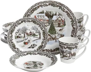 Gibson Home Christmas Toile 16 Piece Dinnerware Set - Picture 1 of 2