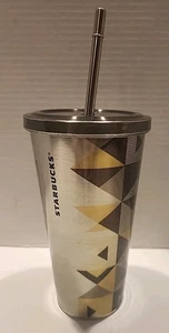 Bicchiere Starbucks triangoli geometrici argento freddo 16 oz con cannuccia ottime condizioni - Foto 1 di 6