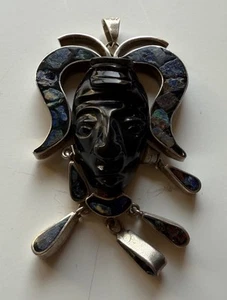 Vintage 925 STERLINGSILBER Mexiko geschnitzt SCHWARZ ONYX Stammesmaske Gesicht BROSCHE - Bild 1 von 4
