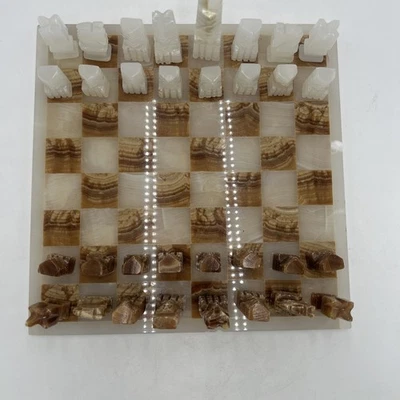 Vintage Mexican Aztec Marble Chess Set Board Hand Carved Pieces 13 Inch - Image 1 of 4