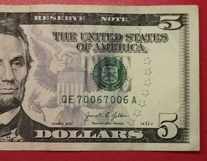 $5 Five Dollar Bill Trinary/Repeater Serial Number QE70067006A Series 2021 - Picture 1 of 4