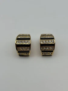 Christian DIOR Gold Tone Black Enamel Clear Crystals Clip on Earrings Vintage  - Picture 1 of 5