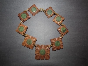 1930er KUNSTHANDWERK HOLZ LEDER KUPFER HANDGEFERTIGT COLLIER HALSKETTE 17" - Bild 1 von 4