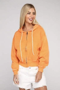 ZENANA Acid Wash Fleece Cropped Zip-Up Hoodie Cotton Blend - Picture 1 of 30