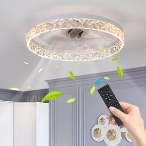 20 inch Modern Crystal White LED Fan Ceiling Flush Mount Light Kit With Remote - Picture 1 of 12