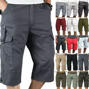 Mens Elastic Waist Cargo Three Quarter Pants Combat Shorts 3/4 Long Trousers-ण - Picture 1 of 17