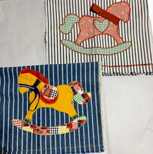 Burp Cloth Set Blue White Rocking horse Designs Handmade Appliquéd 26x13” - Picture 1 of 9