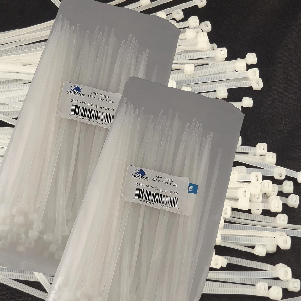 100 Pcs Pack 8" Inch White Network Cable Cord Wire Tie Strap 40 Lbs Zip Nylon