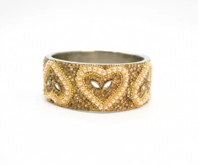 8" Butterfly Brand Gold Faux Pearl Hearts & Flush Crystal Metal Bangle Bracelet - Image 1 of 4