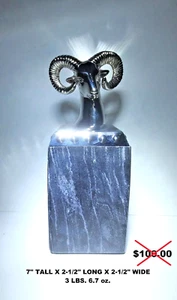 LOW PRICE! AIRES "RAM'S HEAD" *SILVER METAL SCULPTURE 3 LB MARBLE PEDESTAL by MJ - Picture 1 of 23
