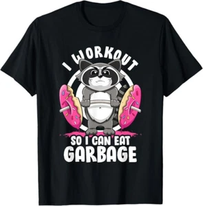 I Workout So I Can Eat Garbage Raccoon Gym Rat Bodybuilding T-Shirt Women Small - Picture 1 of 2