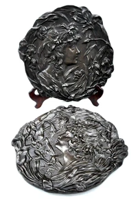 Paar Niedrig Relief Wand, Portraits Frauen-, Blumen, Jugendstil - Bild 1 von 22