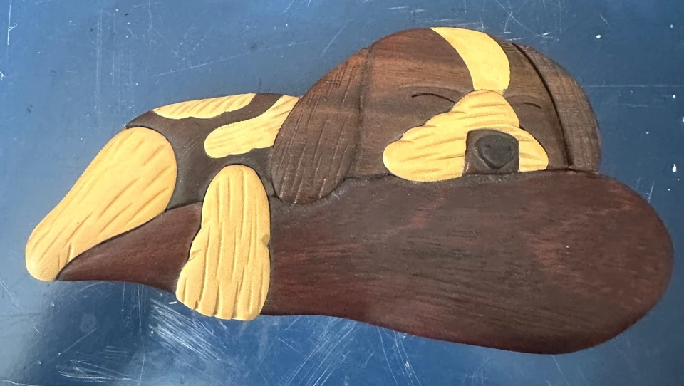 Quebra-cabeça de madeira 3D filhote de cachorro caixa de bugigangas do tesouro quatro peças esculpidas à mão  - Imagem 1 de 4