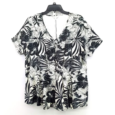 Blusa Coral Bay Mujer Talla 1X Blanca Negra Floral Lentejuelas Manga Corta Cuello en V Top Foto 1 de 4