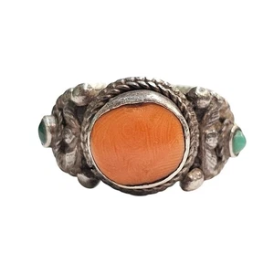 Vintage Nepal/Tibet Silber Ring mit Koralle, Türkis und Canetille filigran - Bild 1 von 6