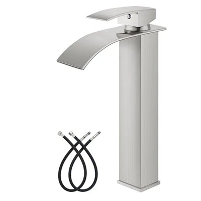  Grifo de baño alto cascada de una sola manija para baño de níquel cepillado sin drenaje Foto 1 de 4