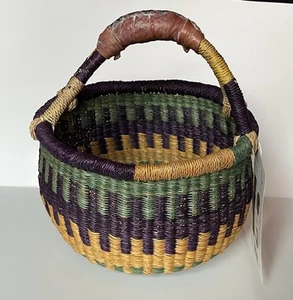 Bunter afrikanischer Markt Fair Trade geflochtener Korb mit Leder umwickeltem Griff Neu mit Etikett - Bild 1 von 8