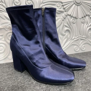 MARC FISHER Blue Satin Chunky Heel Ankle Sock Booties—SZ. 8 - Picture 1 of 9