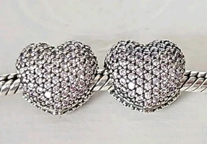 Genuine Pandora Bracelet Clip Charms - Silver & Pink Pave Heart Clips x2 S925 - Picture 1 of 8