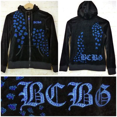 De Colección BCBGMAXAZRIA Y2K Terciopelo Sudadera con Capucha Chaqueta de Pista S Negro Estrás Manchas de Animales Foto 1 de 4
