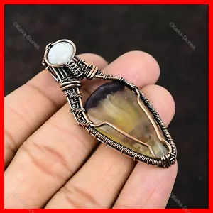 Multi Fluorite Gemstone Rainbow Moonstone Copper Ethnic Wire Wrapped New Pendant - Picture 1 of 7