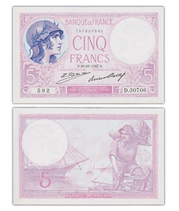 5 Francs 1927 Frankreich - Violett [NEU / UNC] P72d (D.30706) - Bild 1 von 1