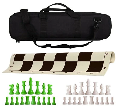 Juego de ajedrez ponderado negro de lujo - tablero de vinilo, bolsa con piezas verde neón y blanco Foto 1 de 4