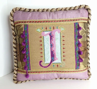 Beautiful Needlepoint Satin Pillow Lavender Gold Metallic, Ribbon, Elegant 14.5" - Image 1 of 4