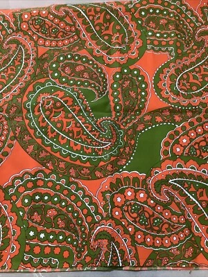 Vintage Paisley Fabric Polyester Blend Stretch 18” X 45” Orange Green Floral - Image 1 of 4