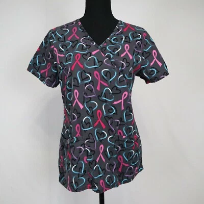 ScrubStar Top Womens XS Gray Pink Breast Cancer Awareness Ribbon Medical Uniform - Image 1 of 4